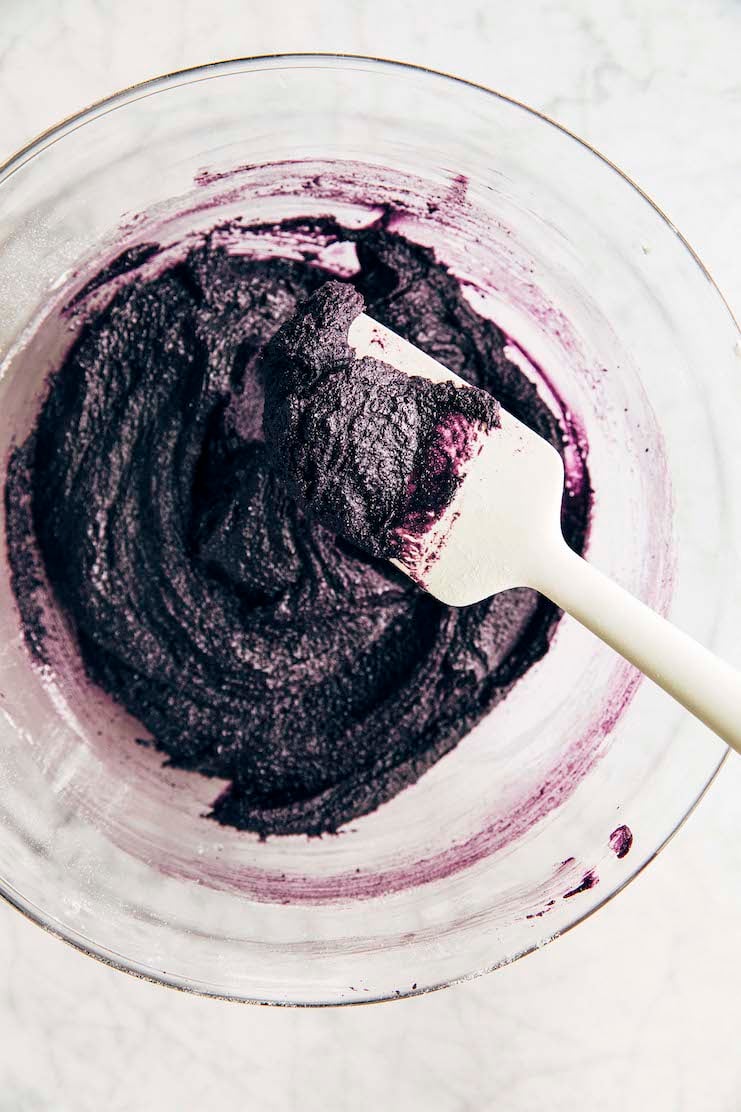 photo showing ube brownie batter after ingredients have been mixed before being baked