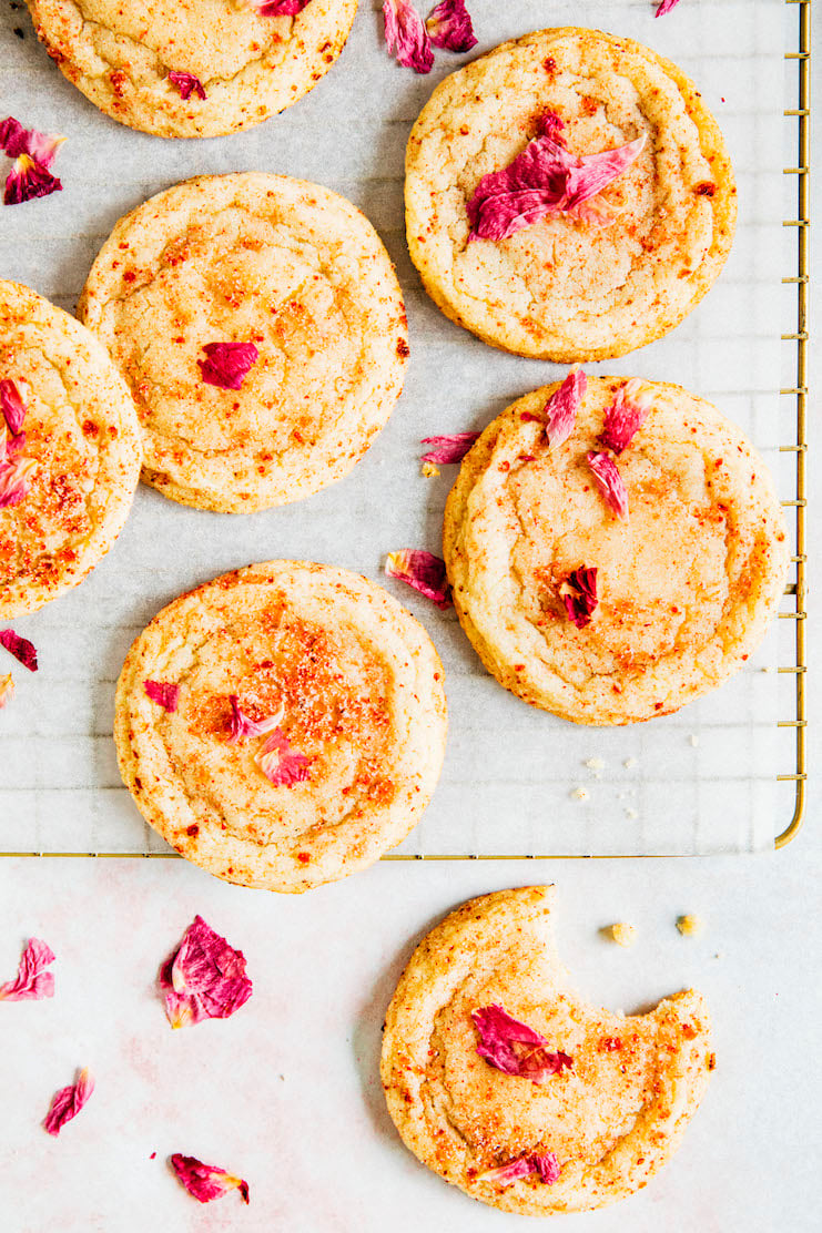 strawberry rose snickerdoodles with bite taken out