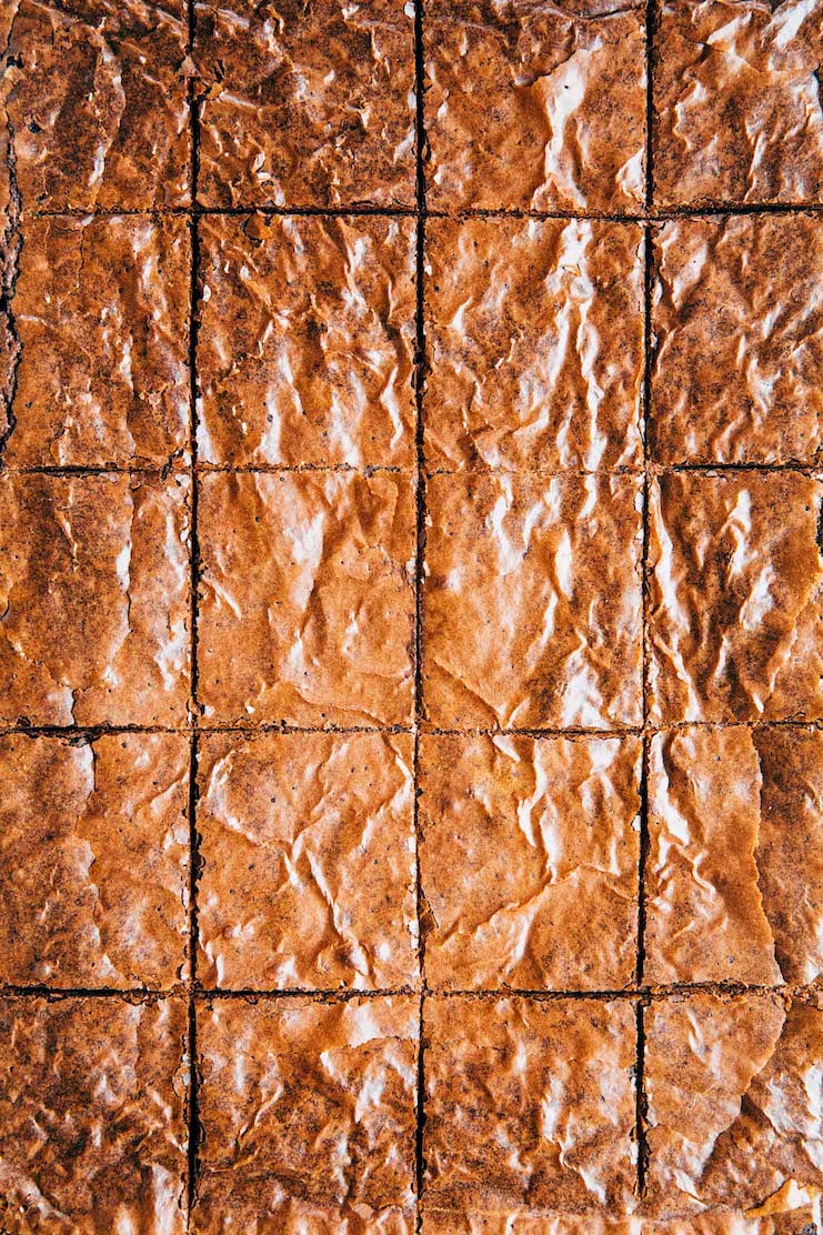 A close up photo of Sarah Kieffer brownies sliced.