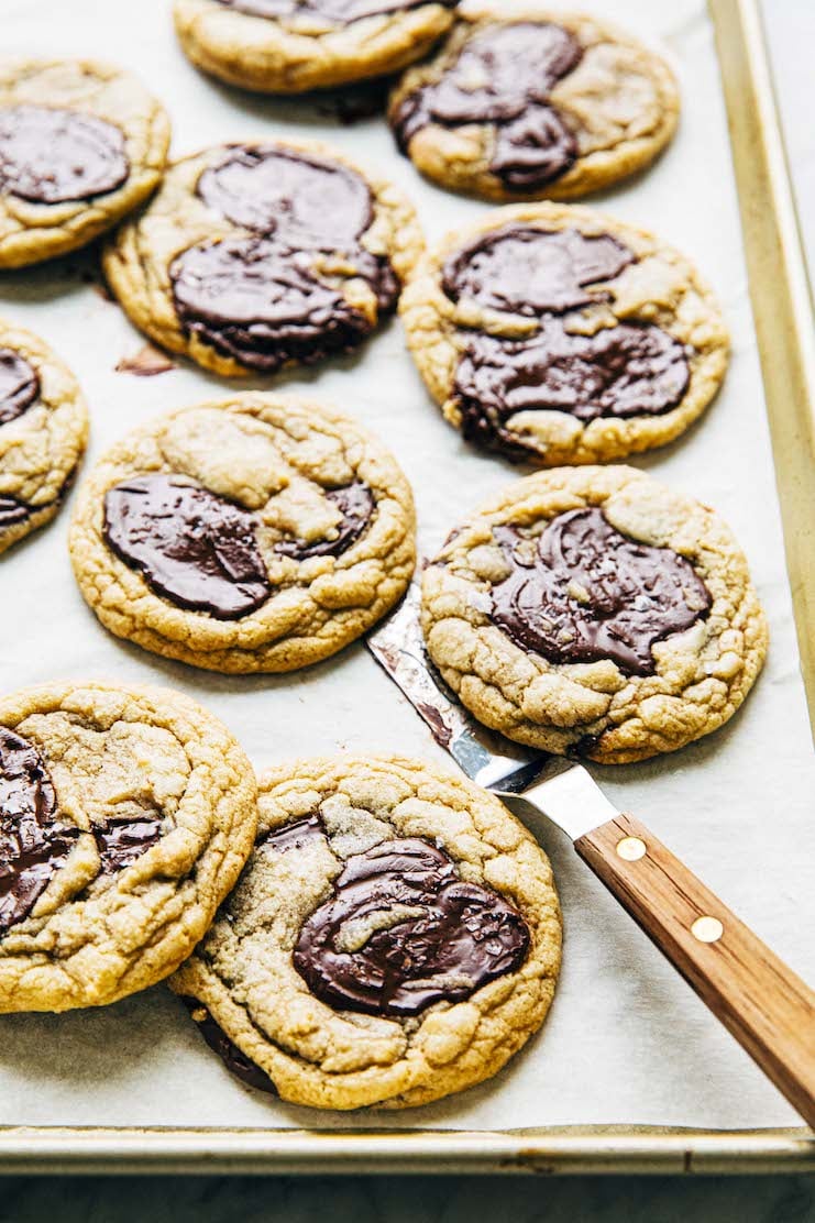 A photo of gooey chocolate chip cookies.
