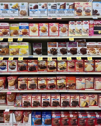 photo of brownie box mix aisle at supermarket
