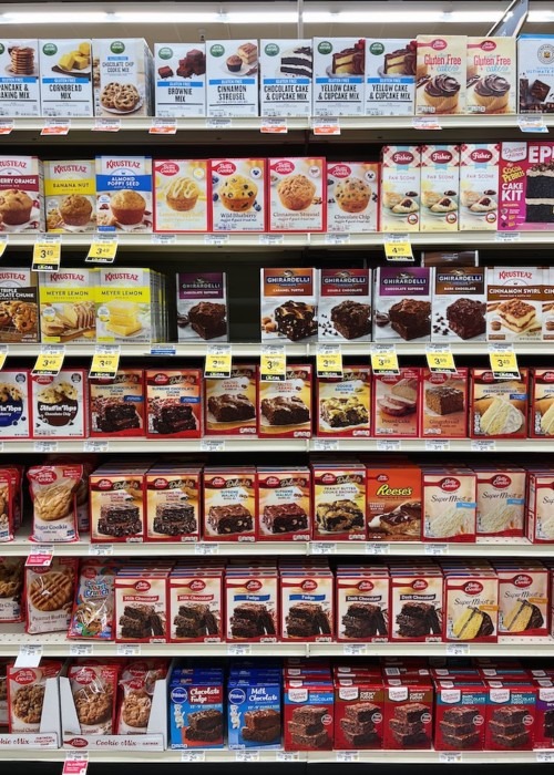 photo of brownie box mix aisle at supermarket