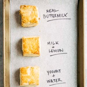 photo of buttermilk biscuits on a tray made with different buttermilk substitutes
