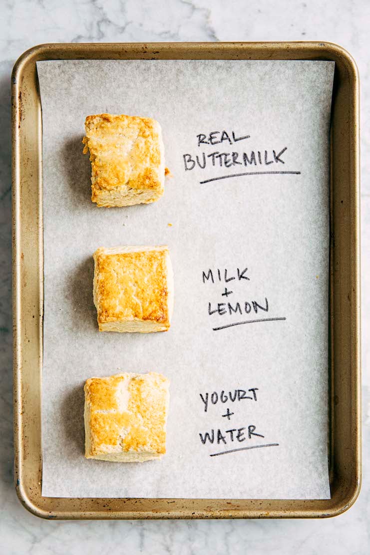 photo of buttermilk biscuits on a tray made with different buttermilk substitutes