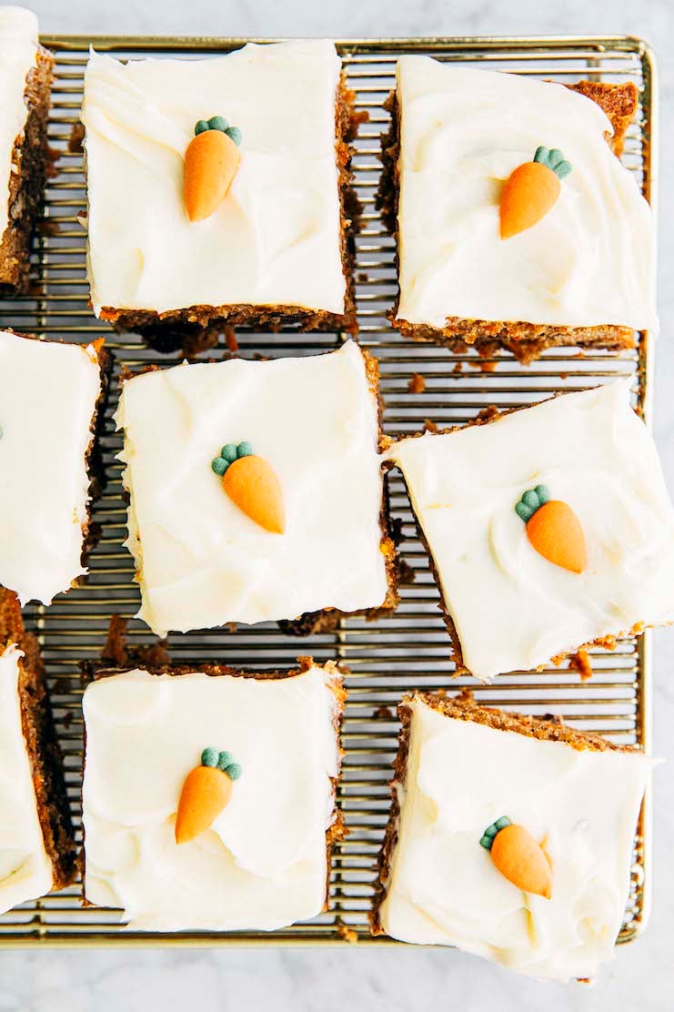 photo of carrot cake slices on wire gold rack