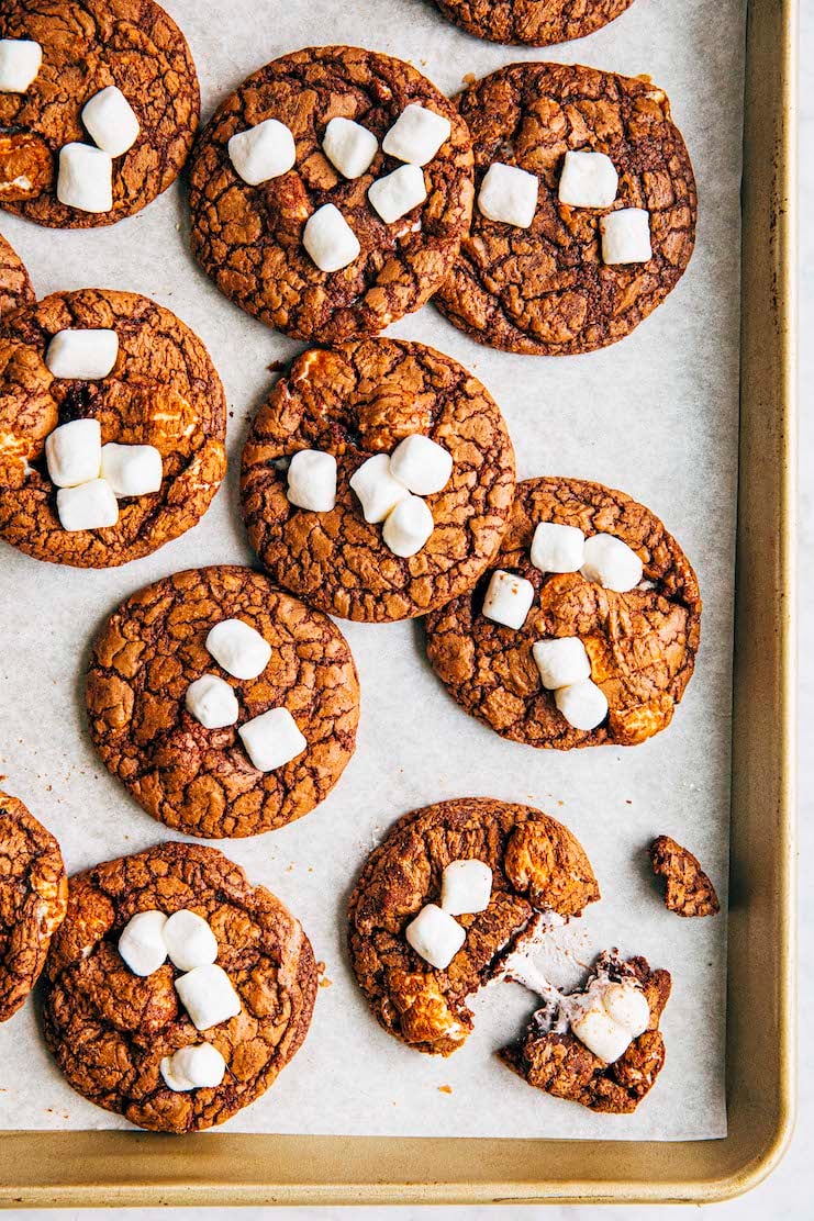 photo of hot cocoa cookies with one broken on bottom right corner showing marshmallow strands