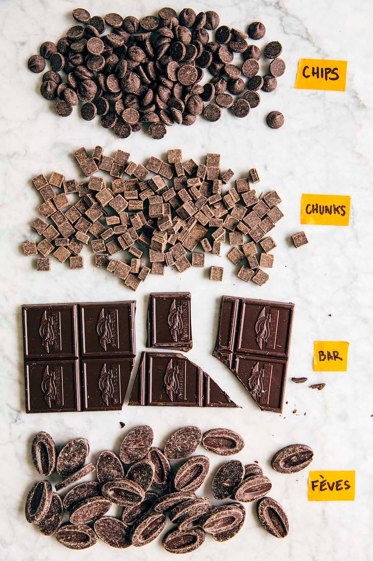 photo showing chocolate chips versus chunks versus a bar versus feves