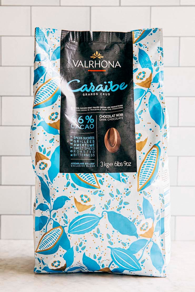 photo of a bag of valrhona feves on a kitchen counter