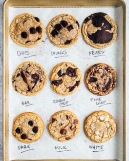 photo of a tray of six cookies containing different kinds of chocolate