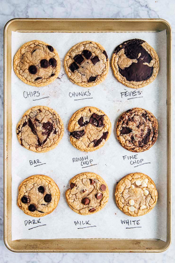 photo of a tray of six cookies containing different kinds of chocolate