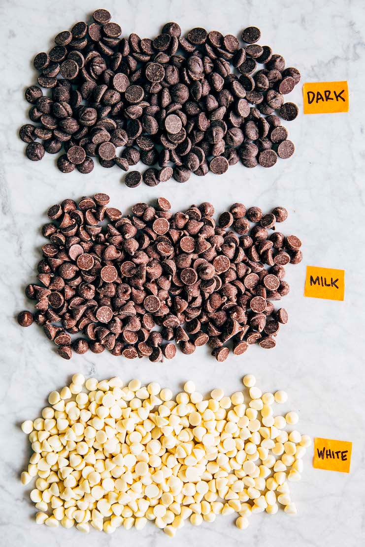 photo showing the different colors of dark vs milk vs white chocolate chips