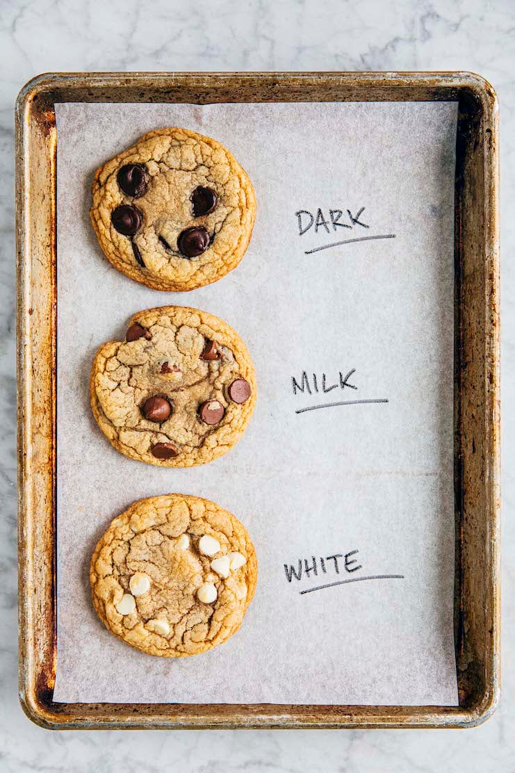 photo showing a tray of three cookies each with a different flavor of chocolate