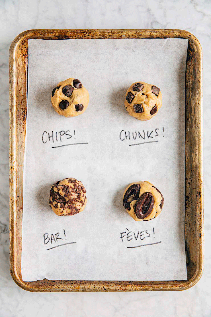 GIF showing baked vs unbaked versions of four cookies with different types of chocolate