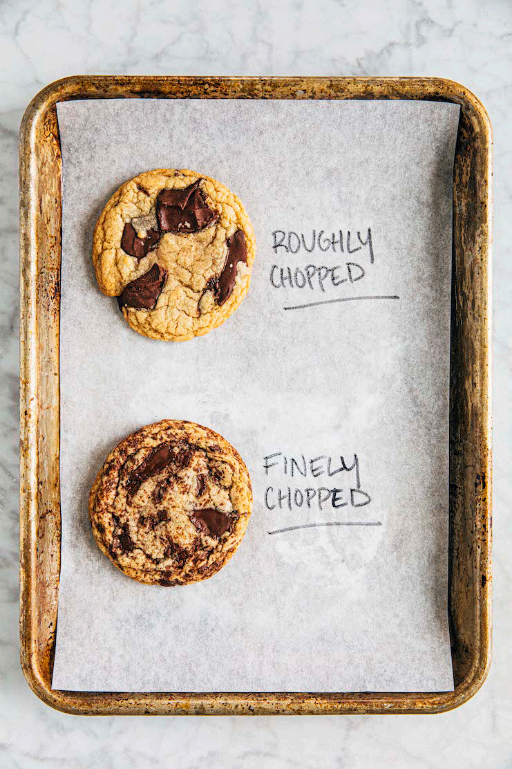 GIF showing unbaked and baked cookies with roughly versus finely chopped chocolate