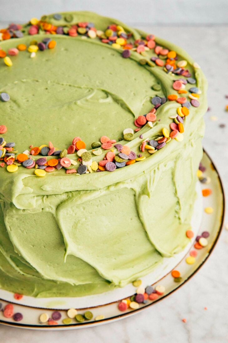close-up photo of the pistachio pudding layer cake before it's sliced