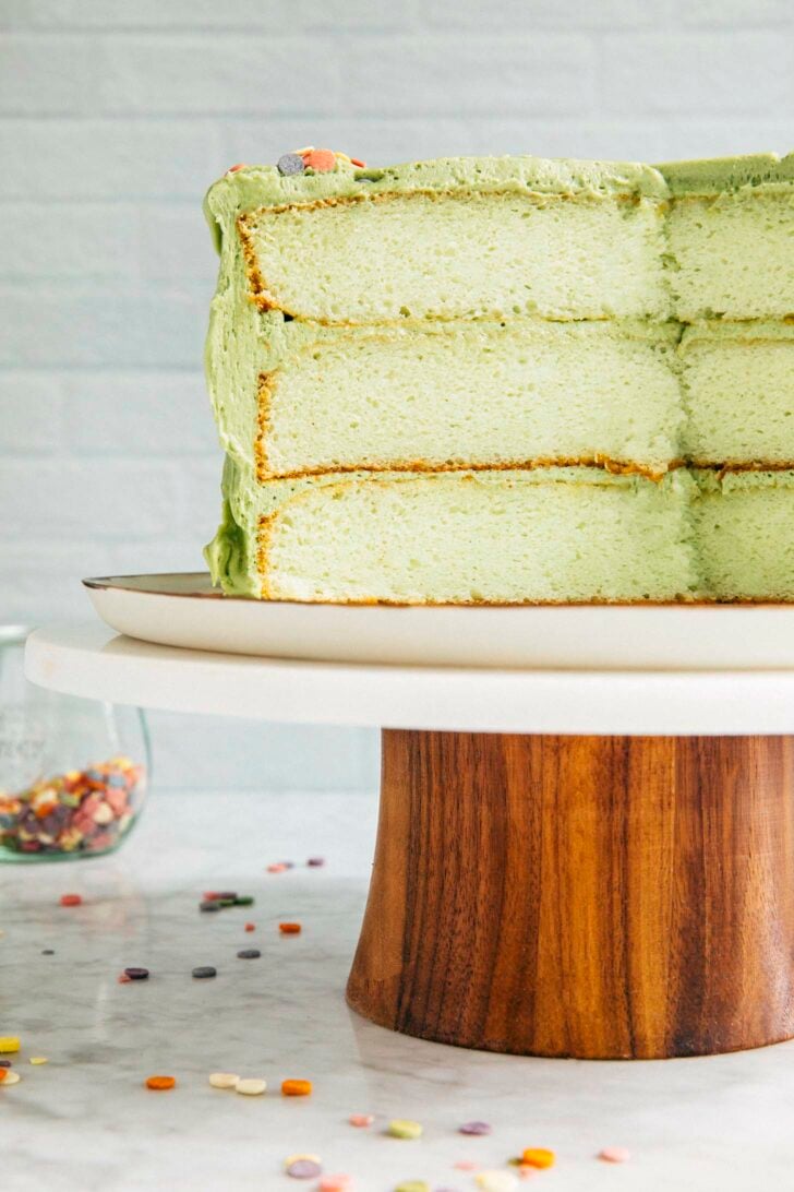 photo of the sliced pistachio pudding layer cake showing the crumb