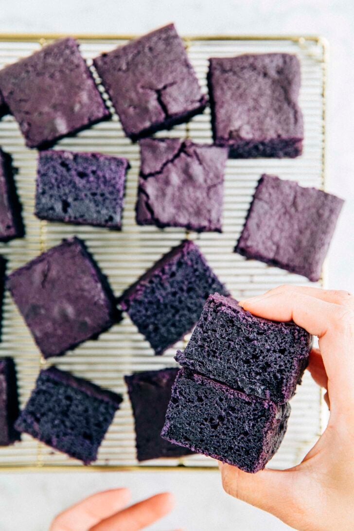 photo of michelle from hummingbird high holding slices of ube mochi cake showing off the crumb