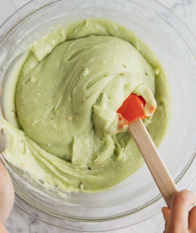 photo of pistachio pudding bar batter before it's baked in a clear bowl