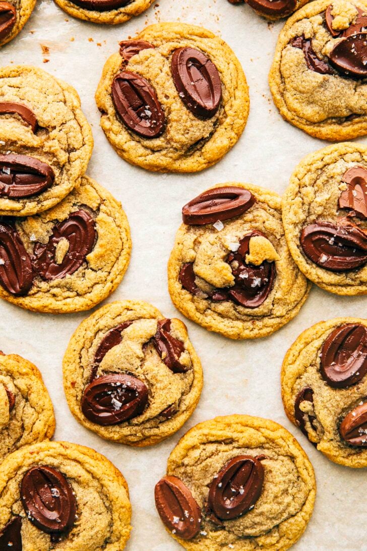 rye chocolate chip cookies on white parchment paper