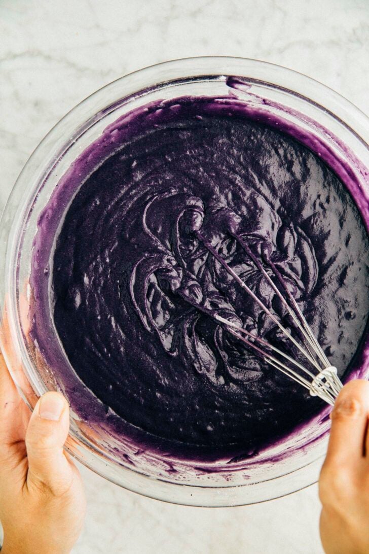 photo showing the texture of ube mochi cake batter before baking