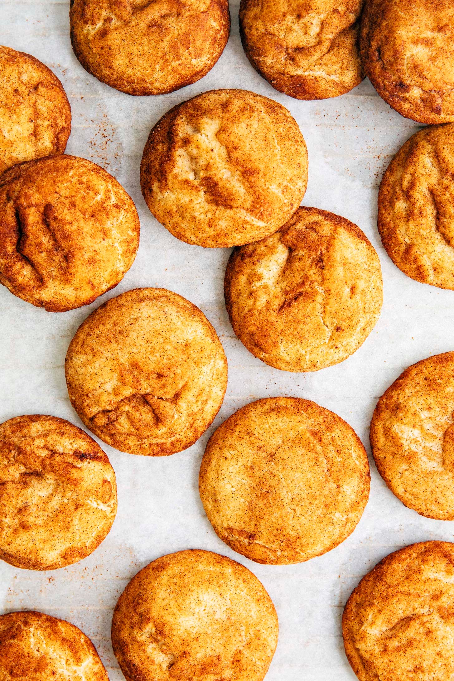 close up photo of brown butter snickerdoodles on white parchment paper