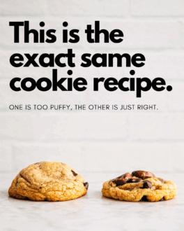 Photo of two cookies made from the same recipe; left side cookie is puffy while the other is flatter and looks more like a bakery style cookie.