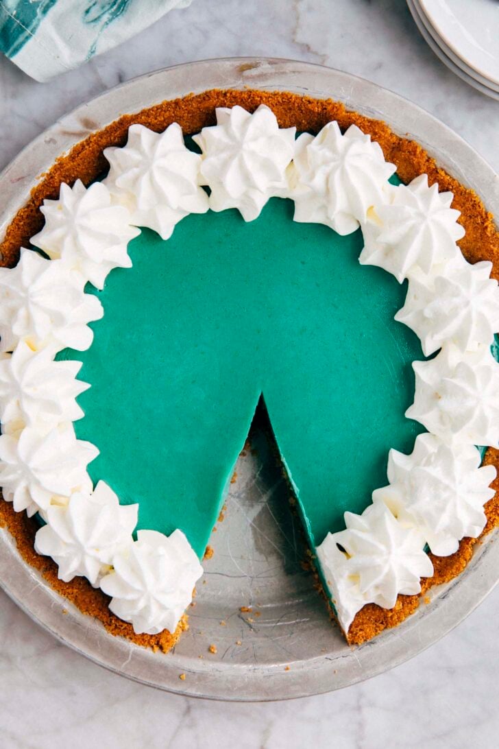 photo of a homemade Mountain Dew Baja Blast pie with a slice cut from it