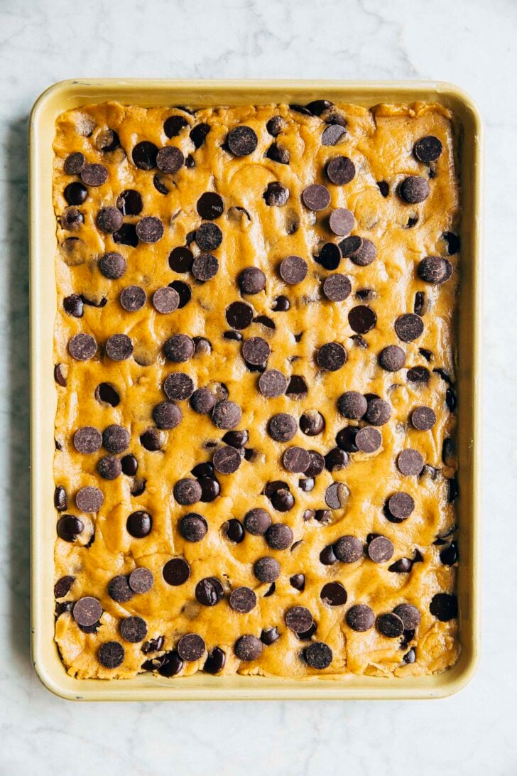 photo of the cookie dough pressed into the pan ready to be baked