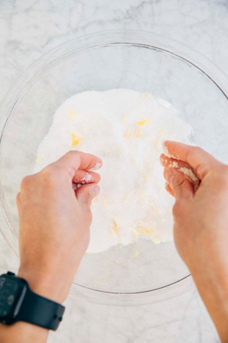 Photo of Michelle from Hummingbird High rubbing lemon zest in sugar