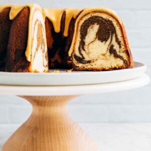 photo of sliced vietnamese coffee bundt cake on a cake stand