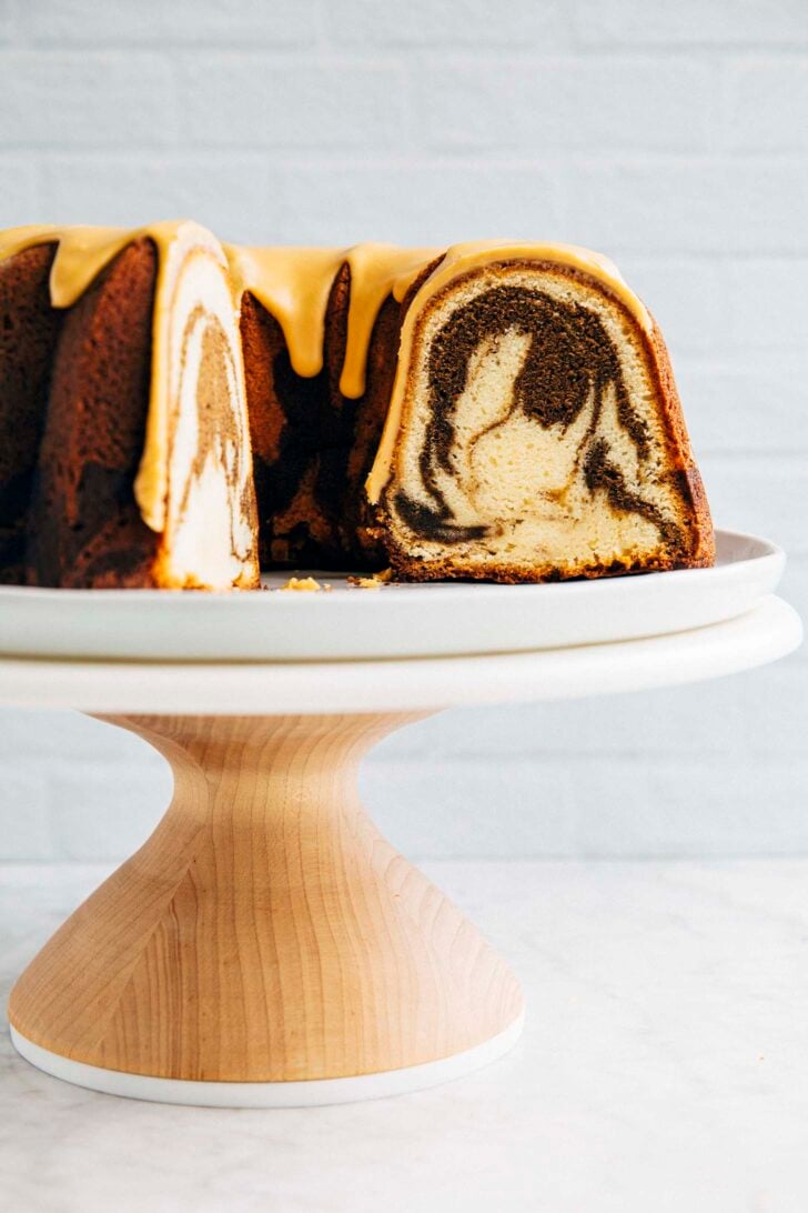 photo of sliced vietnamese coffee bundt cake on a cake stand