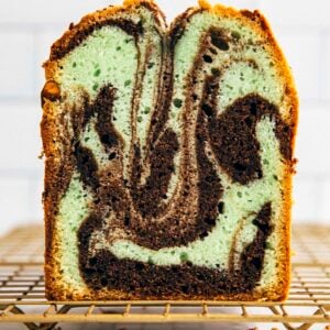 photo showing a close up shot of the chocolate pistachio loaf, sliced