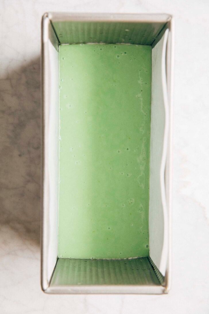 Photo of first pistachio layer in the chocolate pistachio loaf