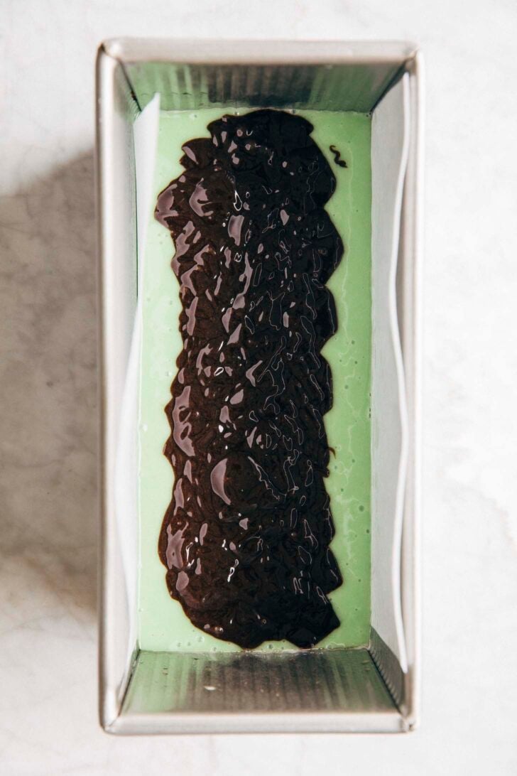 Photo of first chocolate layer in the chocolate pistachio loaf