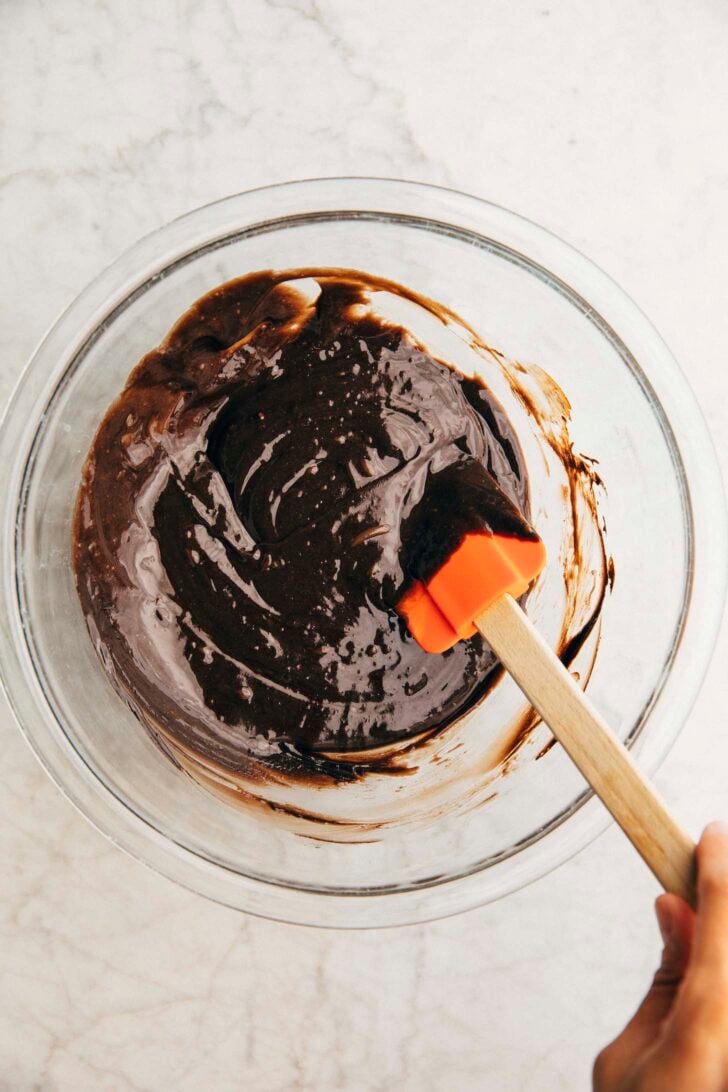 photo showing the chocolate batter ready for the chocolate pistachio loaf