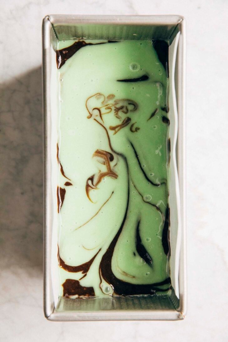 Photo showing the swirled chocolate pistachio loaf ready for baking