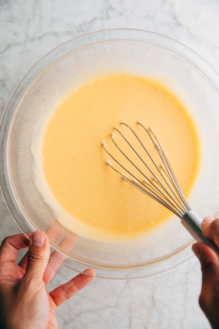 photo of showing the final texture of the thai tea pie filling when it's ready to be baked