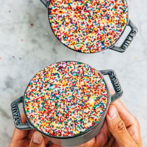 photo of two dot cakes in gray mini cast iron pans