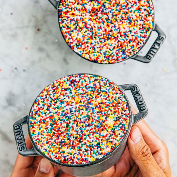 photo of two dot cakes in gray mini cast iron pans