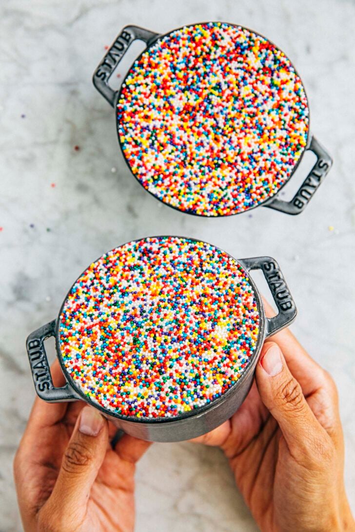 photo of two dot cakes in gray mini cast iron pans