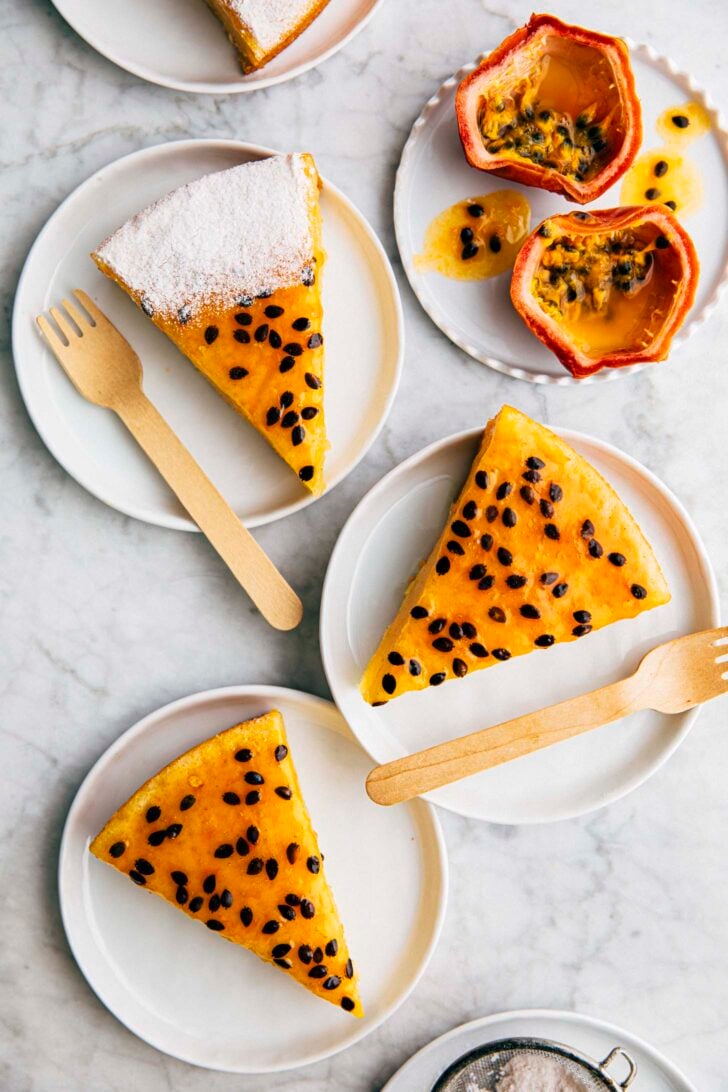 photo of 3 slices of passion fruit butter mochi cake on small white plates