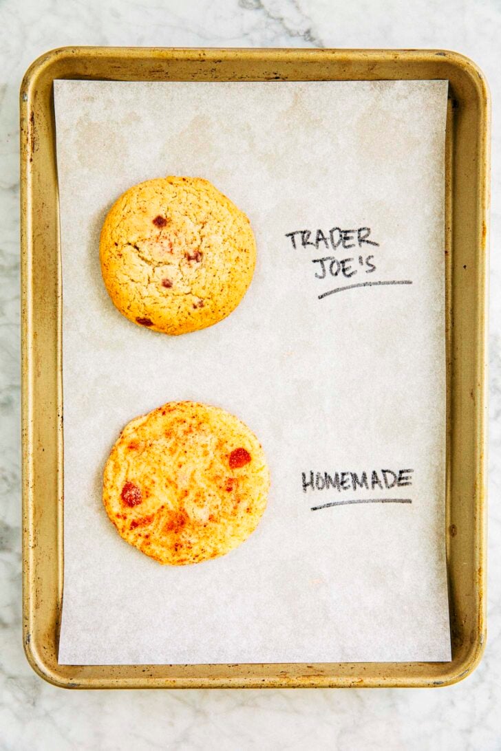 photo comparing the trader joe's strawberry doodle cookie to the hummingbird high homemade strawberry doodle