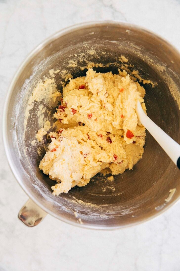 photo showing the cookie dough with strawberry pieces mixed in