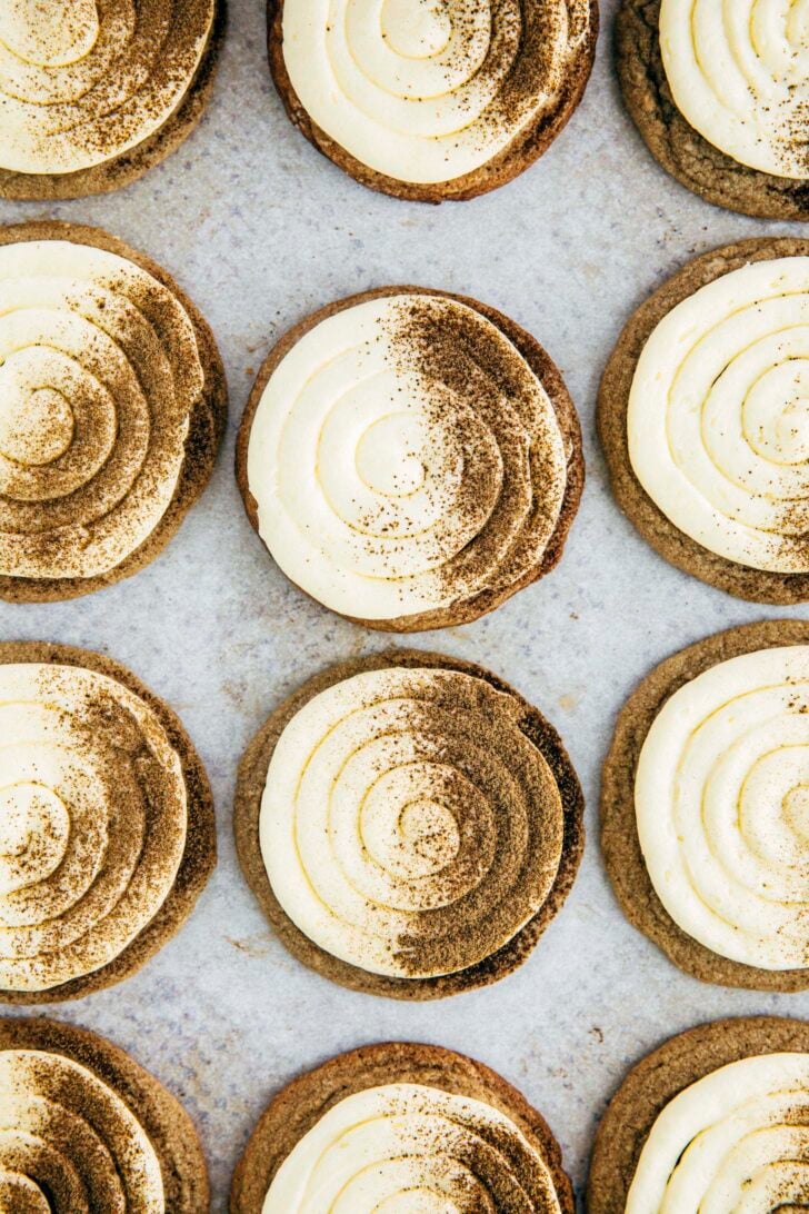 photo of hojicha einspanner cookies on white parchment paper
